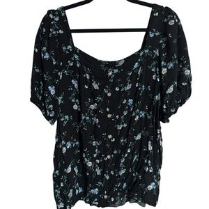 Angels Black Floral Puff-Sleeve Button Top
